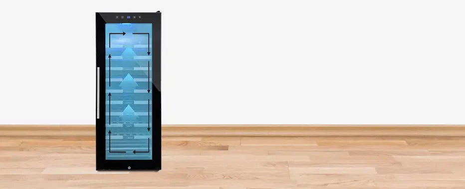 A banner shows how cooling will transfer in a triple zone wine cabinet