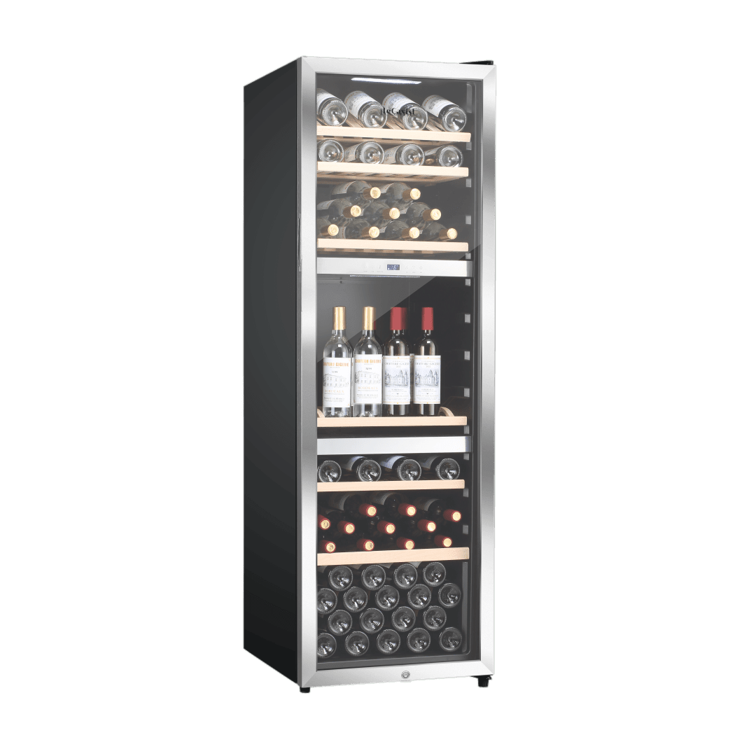 PRODUCT: LECAVIST Wine Cabinet - 140 Bottle - Triple Zone - Freestanding - Stainless Steel (LEK1403ZPVX) - Freestanding - LeCavist Wine Cabinets