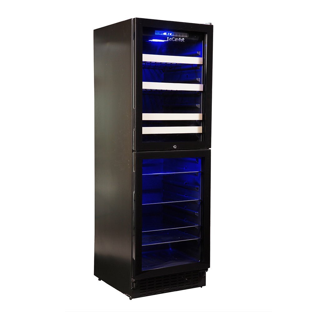 LCS140VN2Z2D built-in black wine fridge with wooden shelving