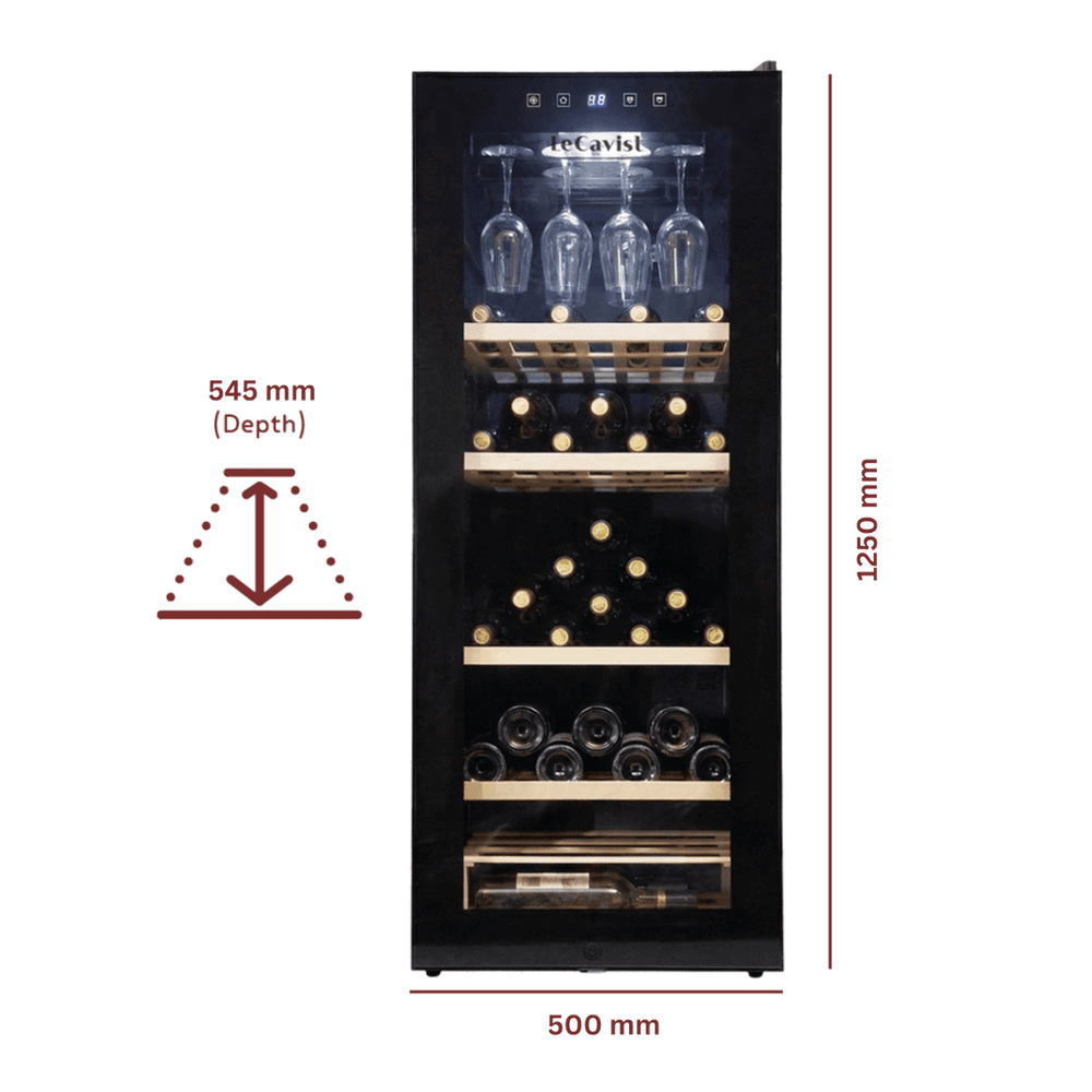 PRODUCT: LECAVIST Wine Cabinet - 97 Bottle - Single Zone - Freestanding - Black (LCS100VN) — Dimensions