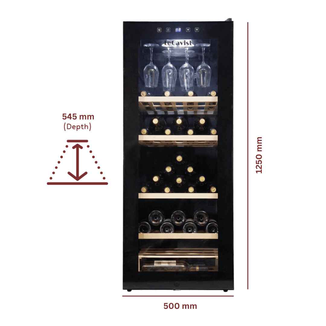 PRODUCT: LECAVIST Wine Cabinet - 97 Bottle - Single Zone - Freestanding - Black (LCS100VN) — Dimensions